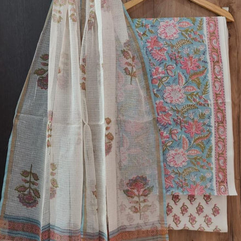 Floral Jaal Hand Block Print Cotton Suit Set (3CKD70)